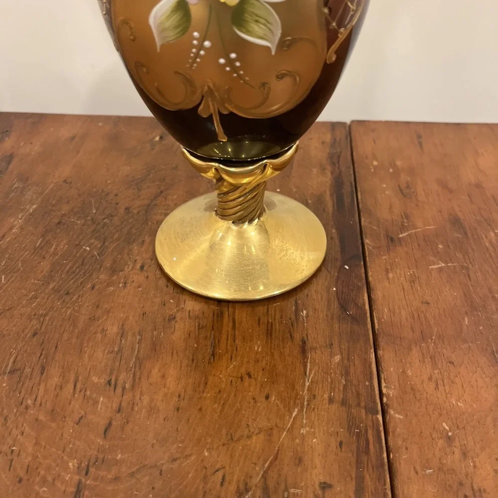 Vtg Tre Fuochi Italian Venetian Murano Glass Amber 24K Gold Floral Decanter Set
